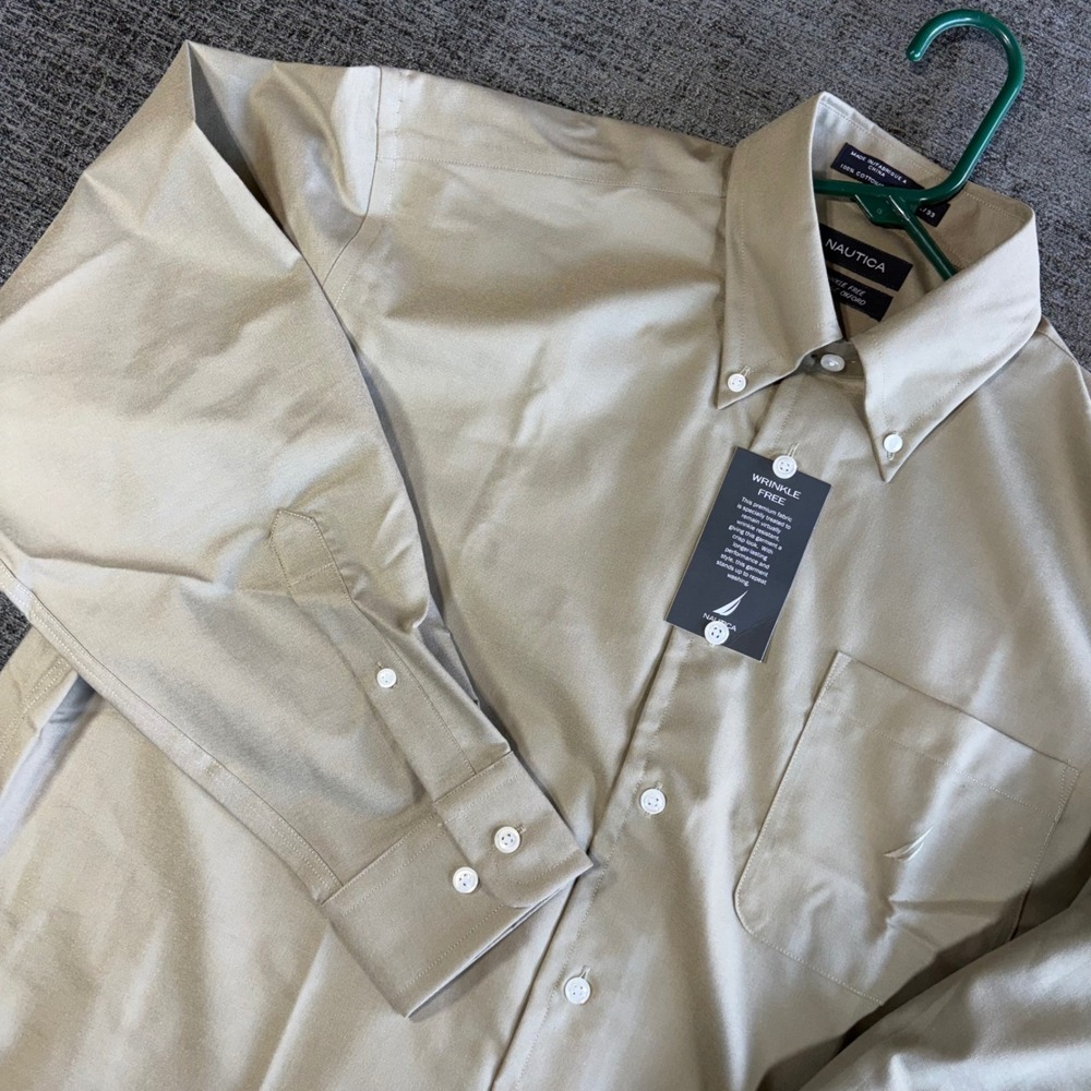 Nautica Button Down Shirt 16 32/33 Tan Wrinkle Free Vintage Oxford NWT Mens